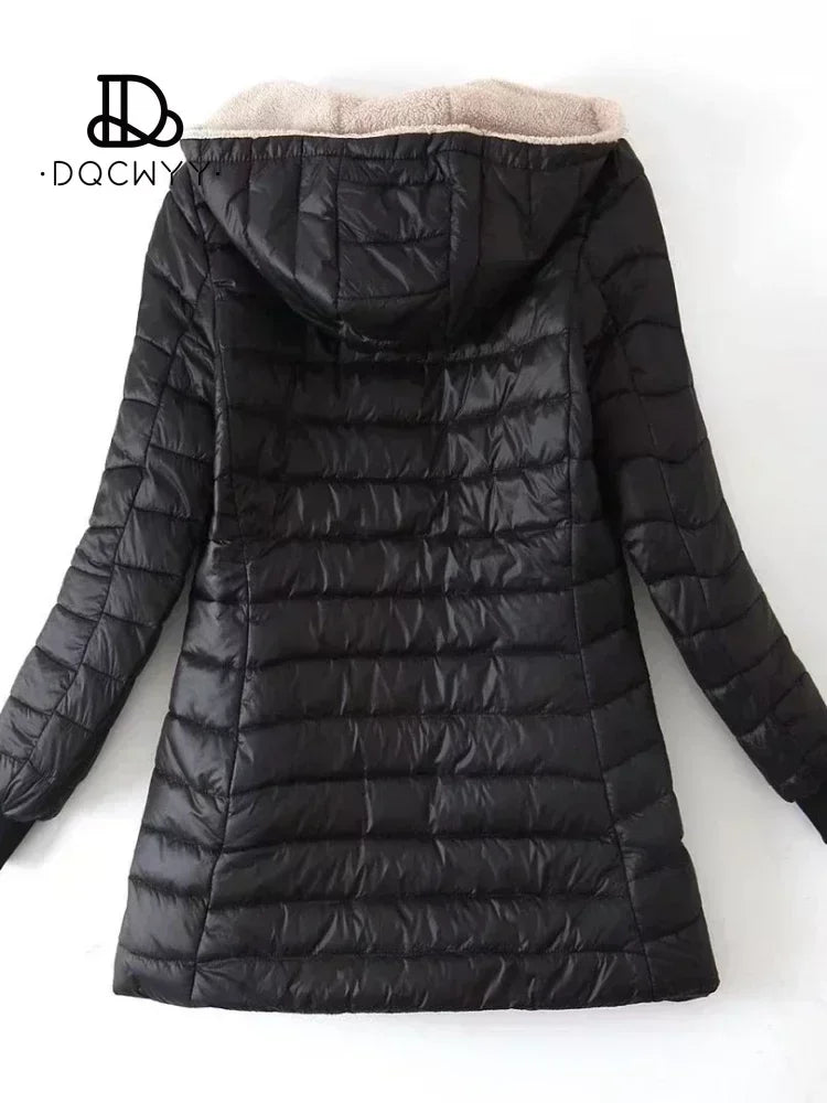 Jaqueta feminina inverno novo comprimento médio edição coreana com capuz ajuste mais lã casaco de algodão quente cordeiro velo parkas jaquetas de inverno