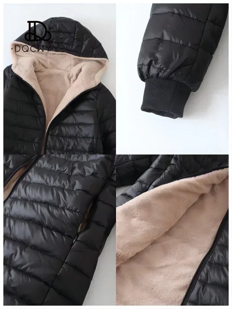 Jaqueta feminina inverno novo comprimento médio edição coreana com capuz ajuste mais lã casaco de algodão quente cordeiro velo parkas jaquetas de inverno