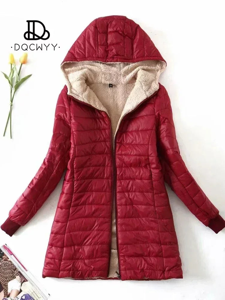 Jaqueta feminina inverno novo comprimento médio edição coreana com capuz ajuste mais lã casaco de algodão quente cordeiro velo parkas jaquetas de inverno